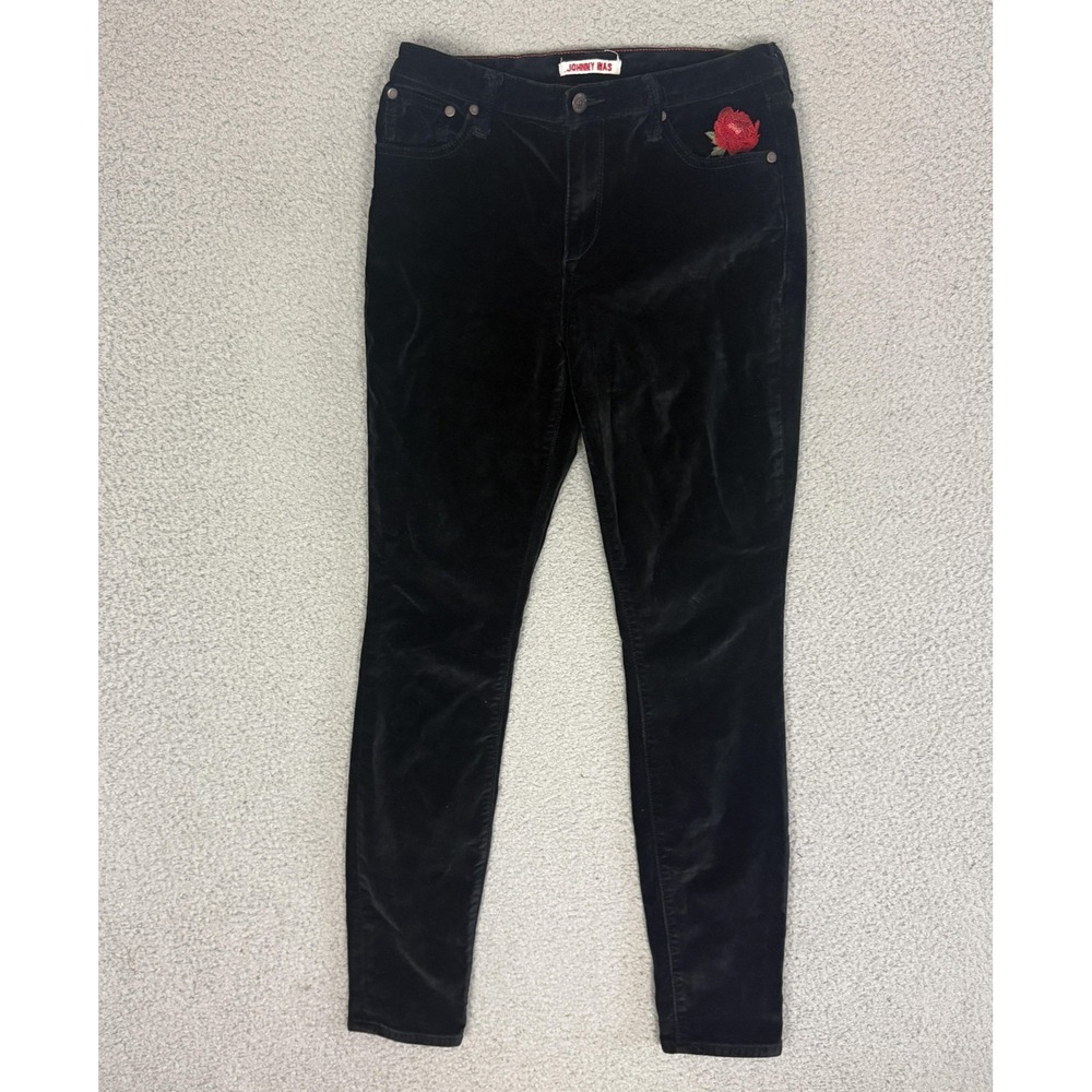 Johnny Was Pants Black Velvet Rose Floral Embroidered Jeans
